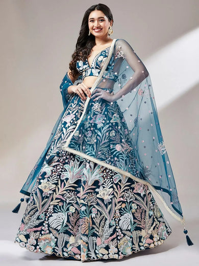 Ravishing Teal Blue Color Sequins Soft Net Party Wear Lehenga Choli - Ethnic Plus In
